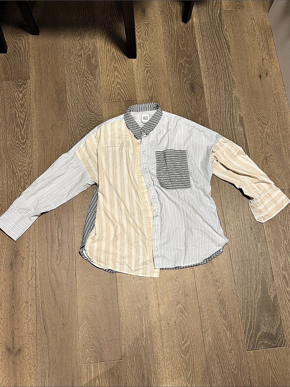 BDG Striped Button Down Shirt in White & Beige
